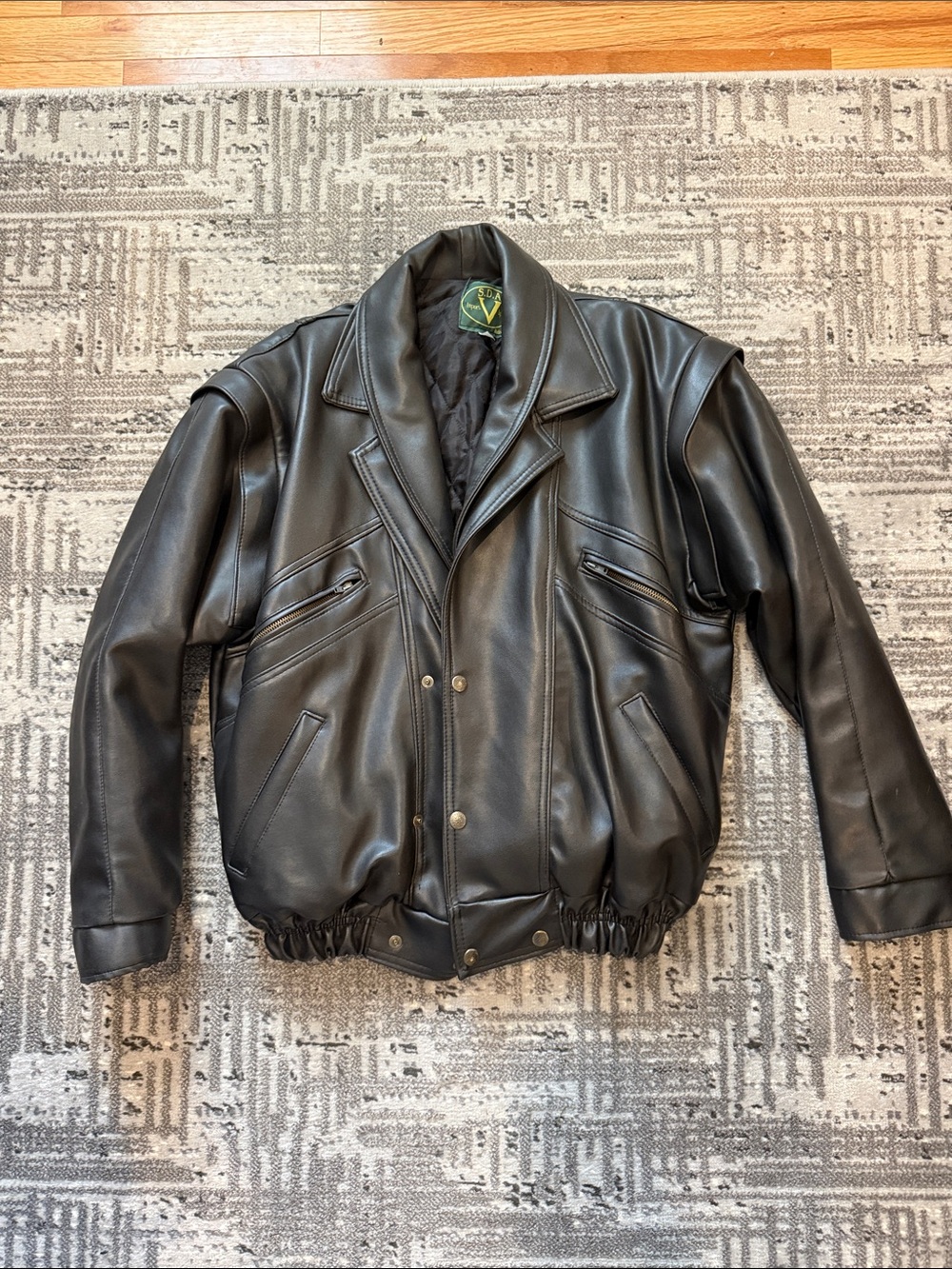 Men's Black Faux Leather Bomber Jacket - Classic Varsity Style